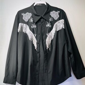 Black Embroidered‎ Casual Button Down Shirt